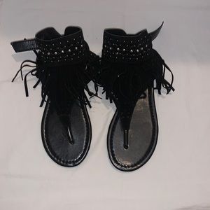 Black Fringe Sandals with Silver Studs